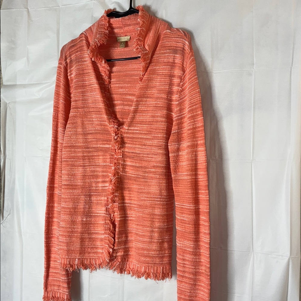 Nordstrom Coral Knit Fringe Cardigan Sweater Size Medium Chic Layering Piece